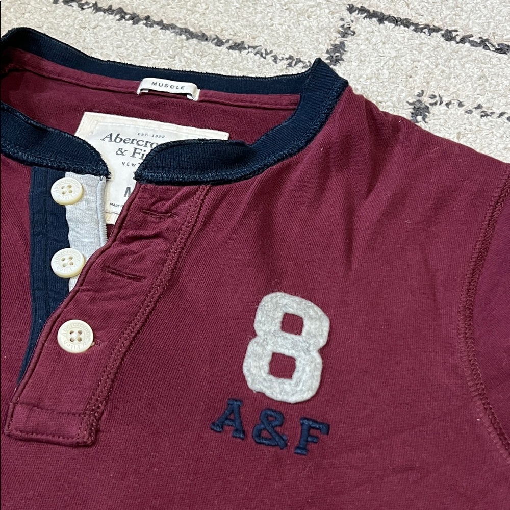 Abercrombie & Fitch Burgundy Henley Long sleeve Shirt with Navy Trim - Picture 3 of 7